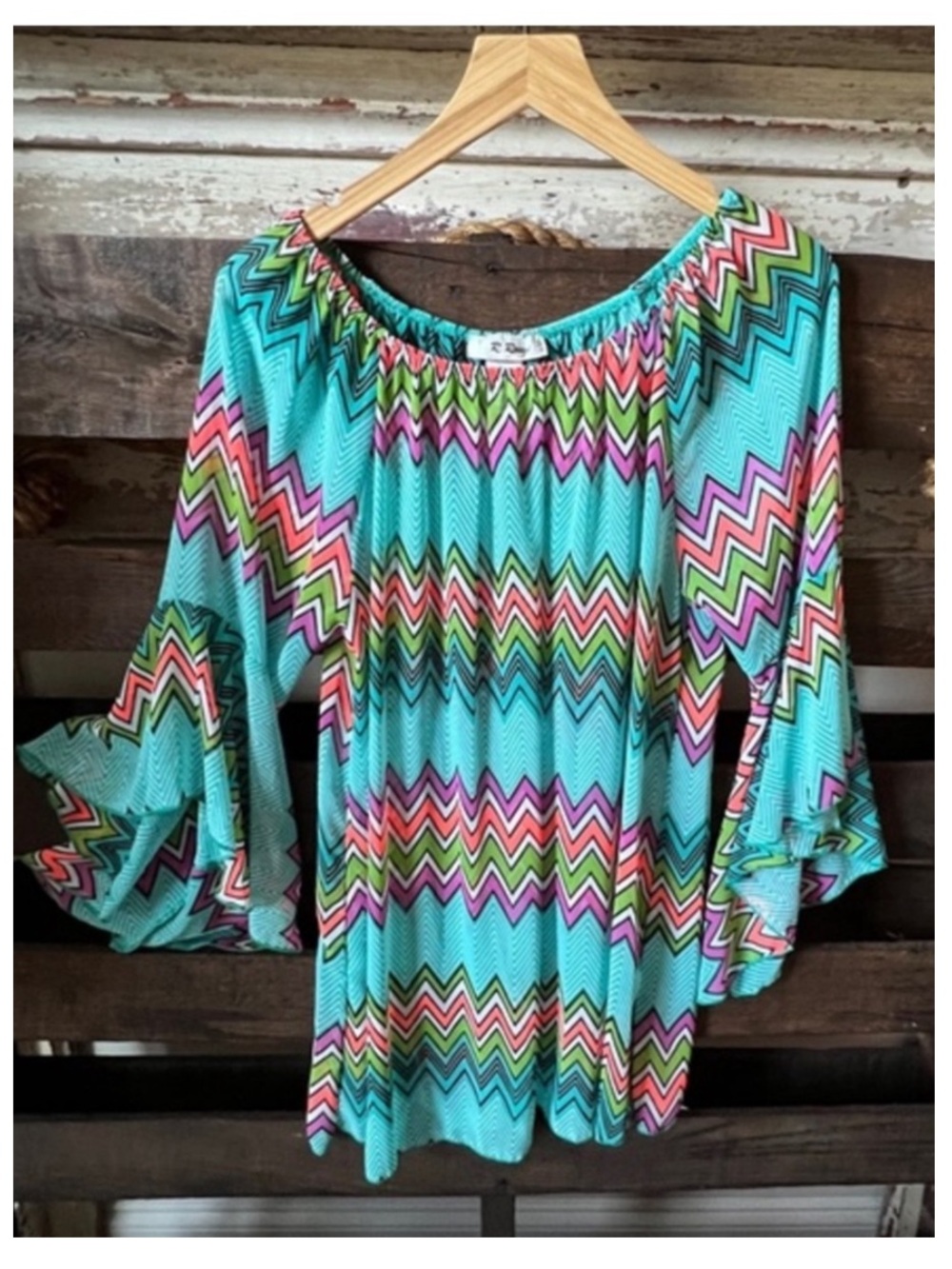 R ROUGE Plus Size Tunic with 3/4 Ruffle Sleeves - Colorful Geometric Print 1X